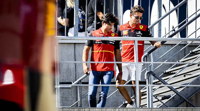 Carlos Sainz Ferrari and Charles Leclerc Ferrari on the Spa Francorchamps race track in the run up to the Belgian Grand Prix
